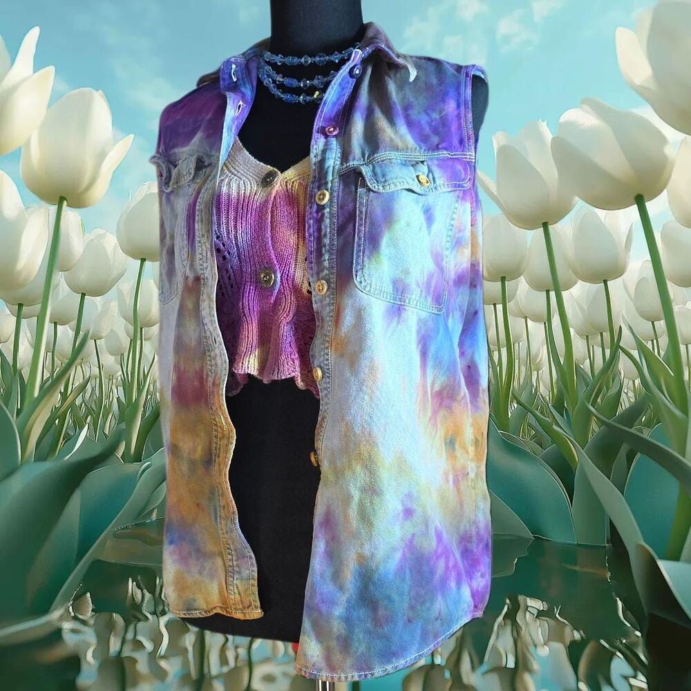 One-of-a-Kind Ice-Dyed Soft Denim Sleeveless Shirt / Vest
